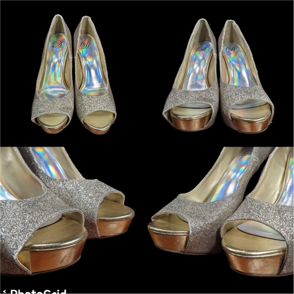 Stiletto Platform Heels Sz 8.5 Gold Glitter Slip-on Peep Toe Pump Hollywood Glam - Picture 5 of 16